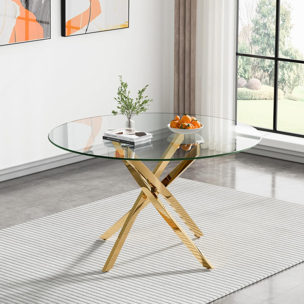 47" Round Glass Dining Table for 4-6, Circle Kitchen Table with Tempered Glass Top & Gold Metal Cross Legs, Modern Glass Dinner Table for Kitchen Dining Room Small Apartment