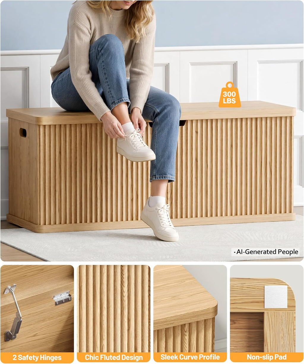 Akxomel 45.3" Fluted Storage Chest Wooden Storage Trunk 2 Safety Hinges Oak | Storage Chest with 2 Safety Hinges & Lift Top, Wooden Box Bench with Curved Profile, for Living Room, Entryway, Bedroom