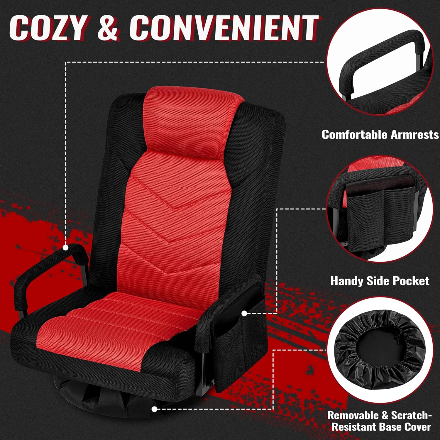 Yaheetech Floor Gaming Chair High-Back Swivel Adjustable Folding Seat Red | Foam-padded polyester mesh seat on an iron frame swivels 360°, reclines for gaming or TV, and folds flat for easy storage.