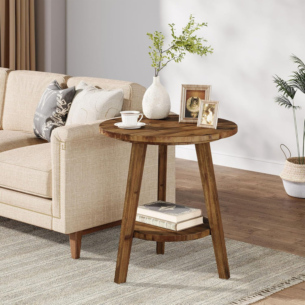 Solid Wood Round End Table, Sofa Side Table with Storage Shelf, Farmhouse Nightstand for Living Room, Bedroom, Easy Assembly (1)