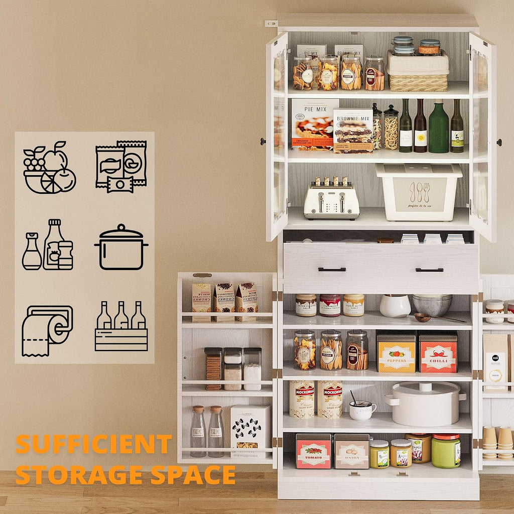 IRONCK 74.8" Tall Kitchen Pantry, Storage Cabinet with LED Lights, Kitchen Cabinet with Acrylic Glass Door, Drawer and Adjustable Shelves, for Dining Room, White