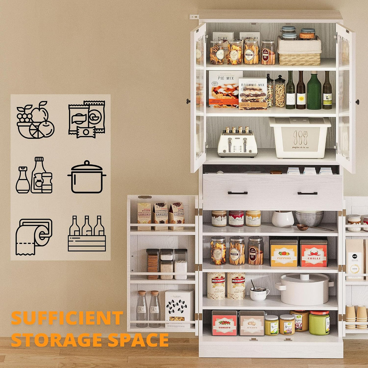 IRONCK 74.8" Tall Kitchen Pantry, Storage Cabinet with LED Lights, Kitchen Cabinet with Acrylic Glass Door, Drawer and Adjustable Shelves, for Dining Room, White