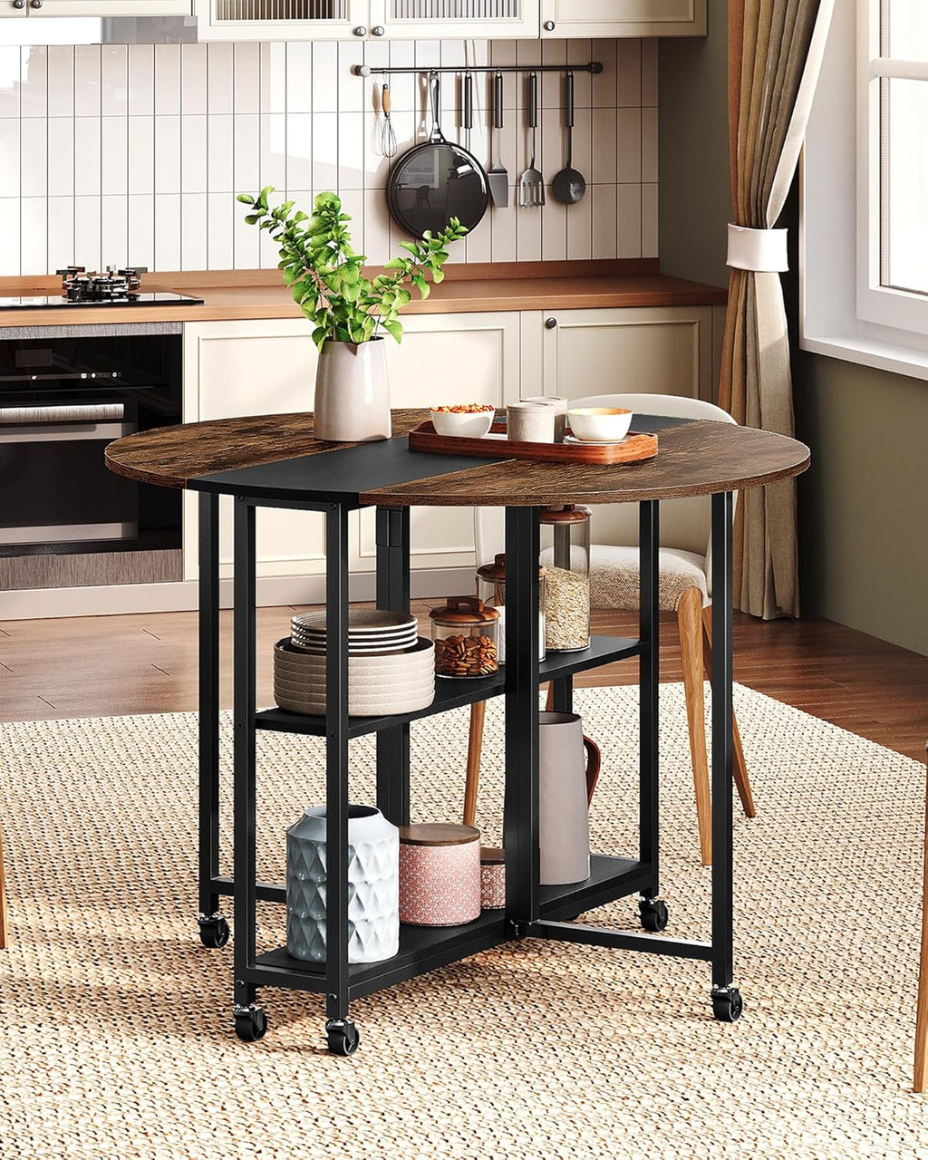 CHOEZON Folding Dining Table, Kitchen Table with 6 Wheels, Folding Round Table with 2-Layer Storage Shelf, Space Saving Dining Table for Small Spaces, Stable, Easy Assembly, Rustic Brown TCZ03BF