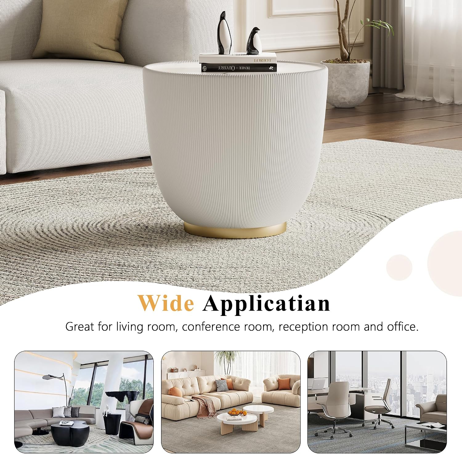 Modern Round End Table, Elegant Bowl Shaped Accent Sofa Side Table with Sintered Stone Tabletop & Pleated Leatherette Details, Small Round End Tables for Living Room Bedroom Apartment Office, White