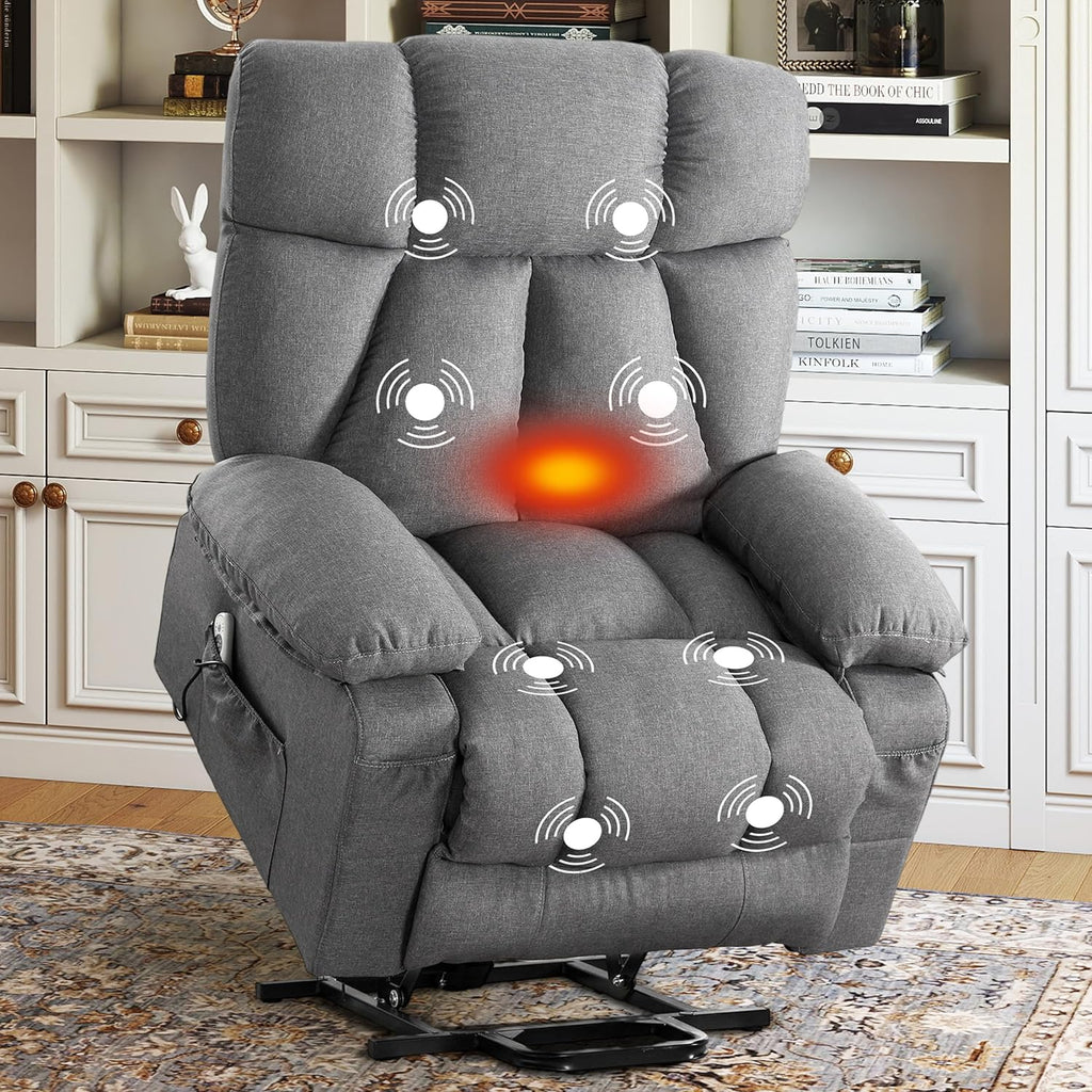 jonpony Power Lift Recliner Chair for Elderly, Big and Tall Lift Chair with Massage and Heat for Living Room, Fabric Electric Recliner Chairs with 4 Side Pockets, USB Charge Port, Grey