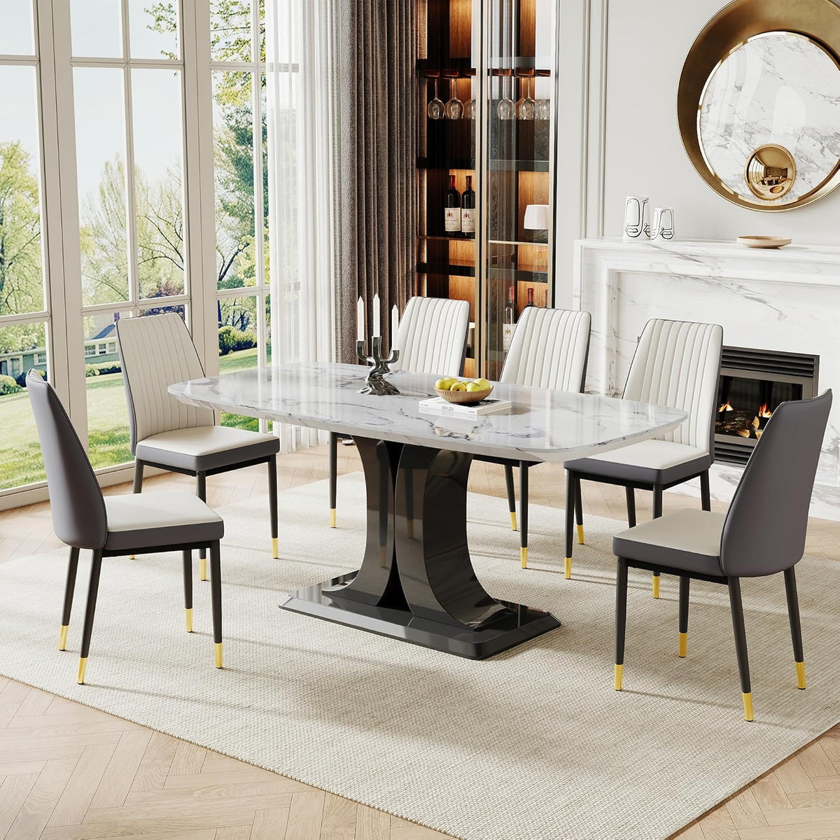 Modern Dining Table Set for 6, Marble Kitchen Table Chair Set for 6, Rectangular Kitchen Table with 6 Pu Leather Upholstered Chair for Dining Room