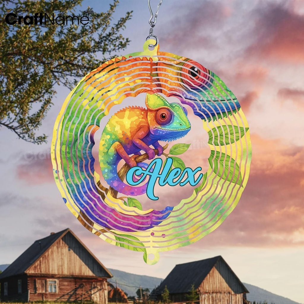 Personalized Chameleon Wind Spinner 3D Stainless Steel, Chameleon Garden Spinner Hanging Outdoor Decor, Wind Spinners Outdoor, Custom Gift for Grandmother, Mom, Wife