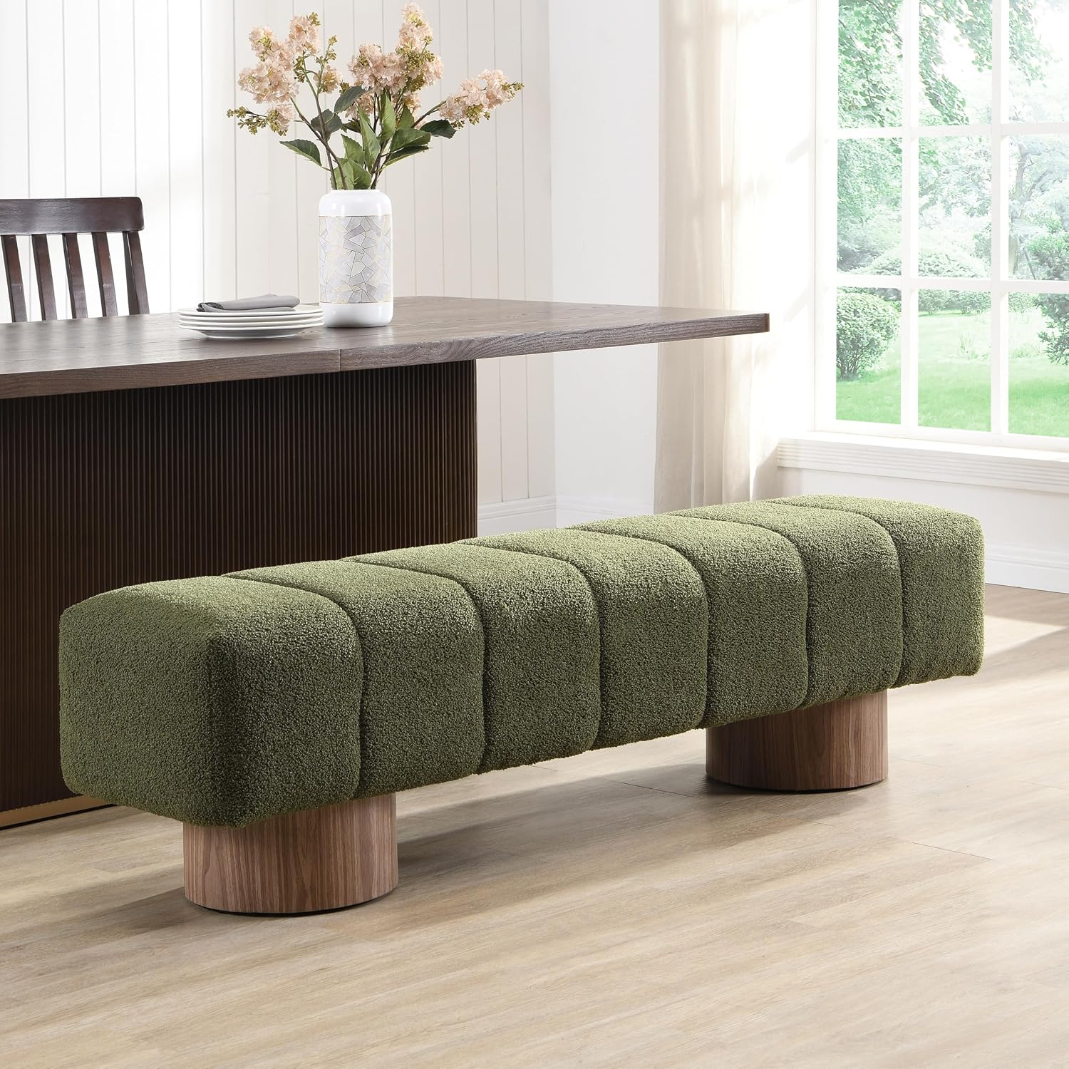 Christopher Knight Home Manila 64" Boucle Dining Bench, Upholstered Ottoman Bench, Rectangular Dining Seat, Spacious Seating, Long Footstool for Living Room Dining Room, No Assembly Needed, Green