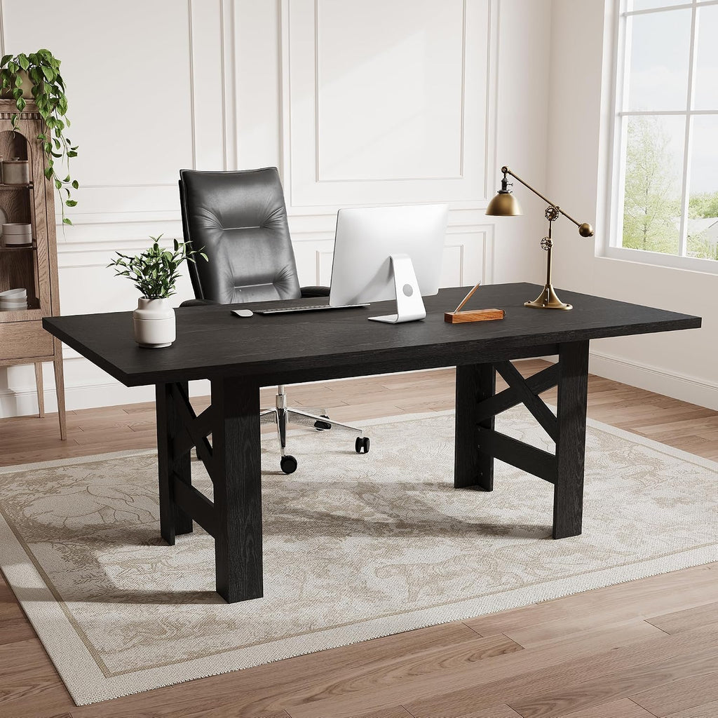 IDEALHOUSE 71" Long Dining Table for 6-8, Farmhouse Wooden Barn Kitchen Table for 6, Triangular Legs, Large Dining Room Table w/Thick Tabletop, Sturdy Frame, for Dinner, Kitchen, Office, Rustic Black