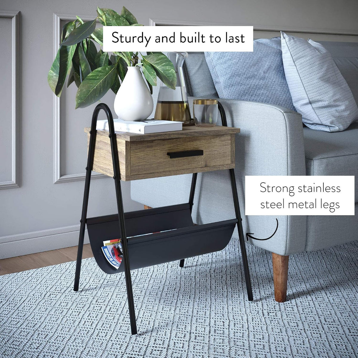 Nathan James 32502 Hugo Wood Nightstand, Rustic Accent End or Side Table with Drawer, Durable Black Metal Frame & Leather Hammock, Gray/Black