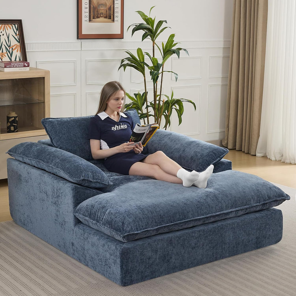 WUTUTUEE 69" Oversized Chaise Lounge Chair Indoor, No Assembly Blue Lounge Couch, Chenille Upholstered Sofa Bed with Pockets, Oversized Reading Chair with Ottoman for Living Room, Bedroom, Office