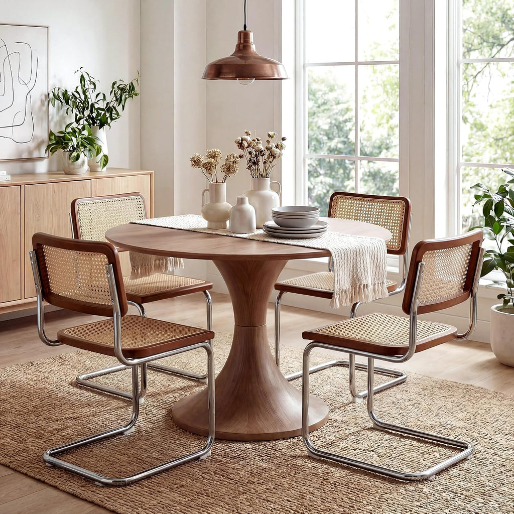 Rattan Dining Chairs Set of 2, Boho Modern Dining Chairs with Rattan Back, Curved Steel Base, Cantilever Kitchen Chairs for Kitchen, Living Room, Brown