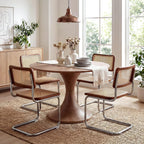 Rattan Dining Chairs Set of 2, Boho Modern Dining Chairs with Rattan Back, Curved Steel Base, Cantilever Kitchen Chairs for Kitchen, Living Room, Brown