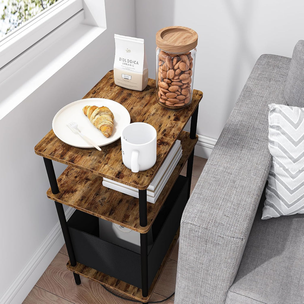 End Table with Charging Station & Outlet, Small Narrow Side Table for Bedroom, 25" H Bedside Table with USB Ports, 3-Tier Slim Nightstand, Rustic Brown
