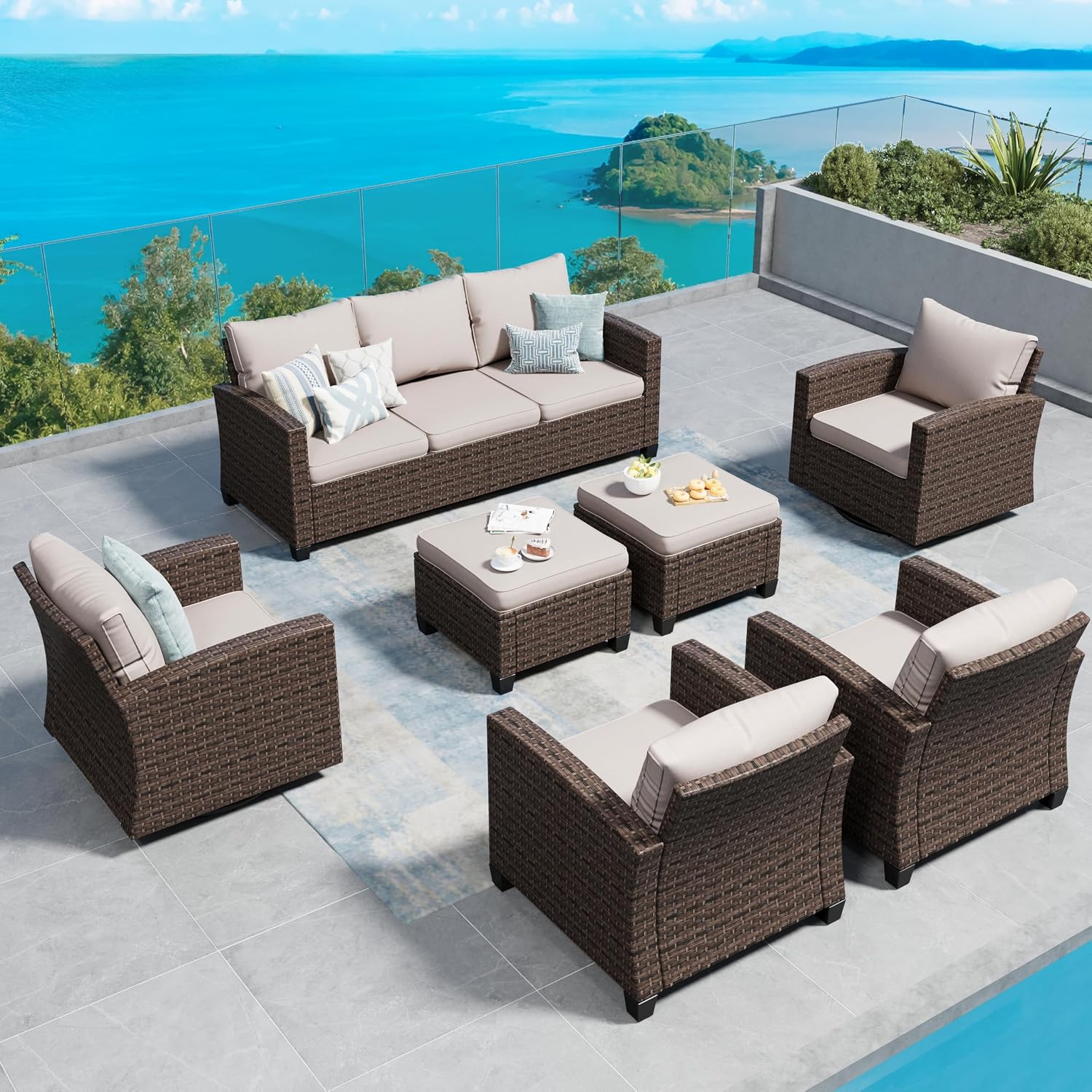 SUNSHINE VALLEY Outdoor Patio Ottomans,2 Pieces All Weather Wicker Ottomans with 4" Thick Cushions for Garden,Lawn, Backyard,Beige