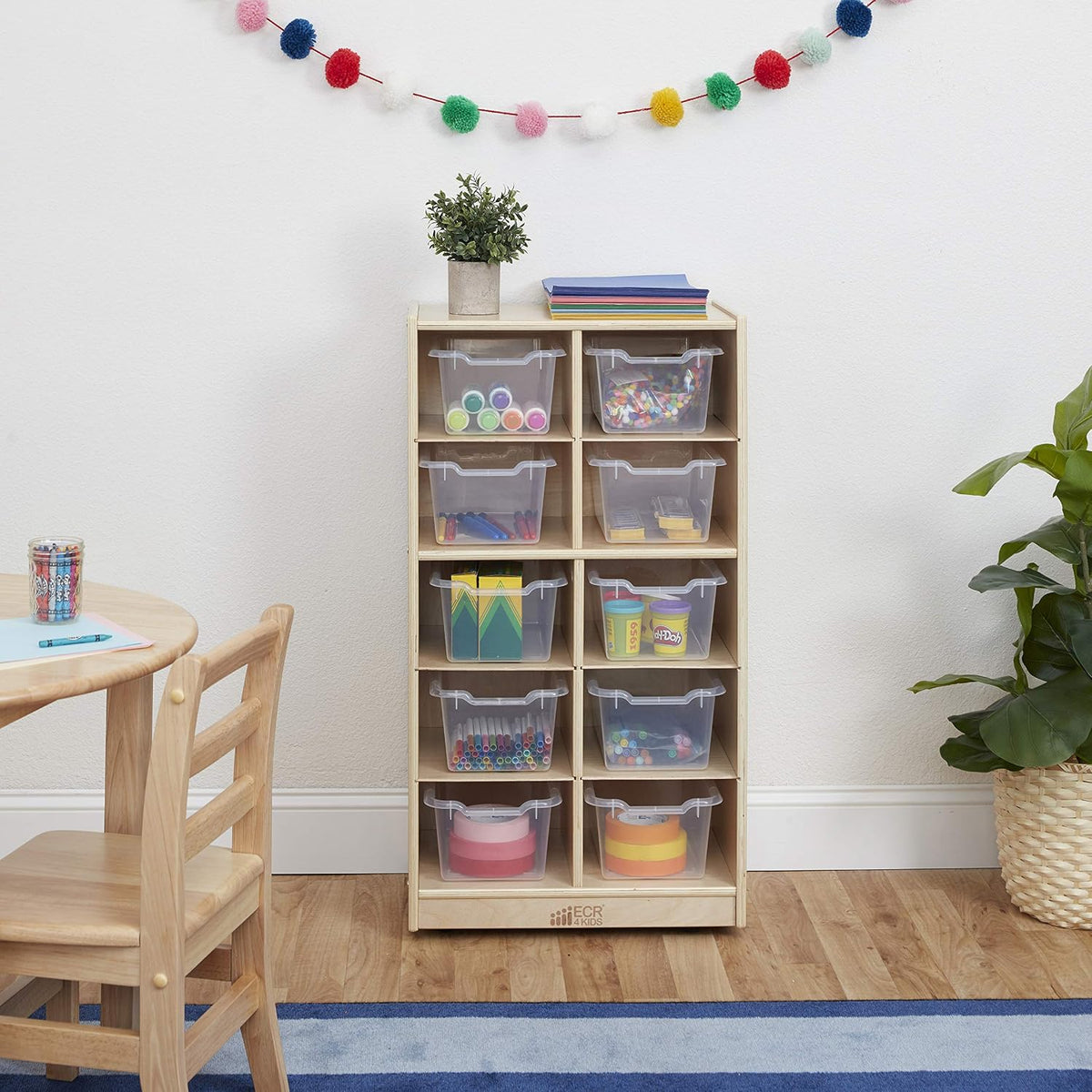 ECR4Kids 10 Cubby Tray Cabinet with Scoop Front Storage Bins, 5x2, Natural, Classroom Furniture, Clear | Durable birch, 10 plastic scoop front storage bins, GREENGUARD Gold Certified, 10 cubbies for organization, classroom or home
