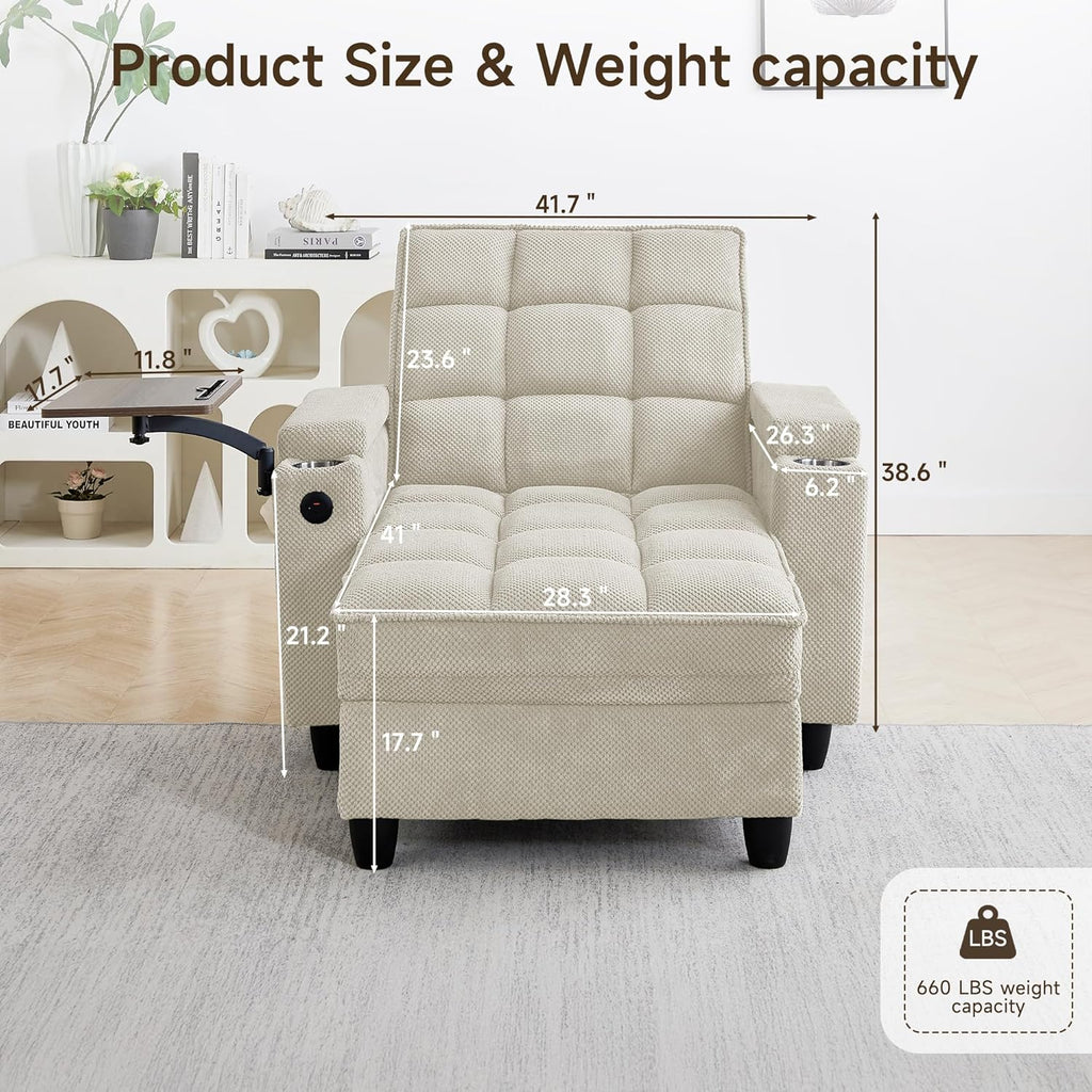 Oversized Recliner Chair with Swivel Tray Table, Modern Tufted Linen Fabric Single Sofa with Cup Holders & USB Port, 660 LBS Heavy Duty Reclining Chair for Living Room & Bedroom (White, 41.7'')