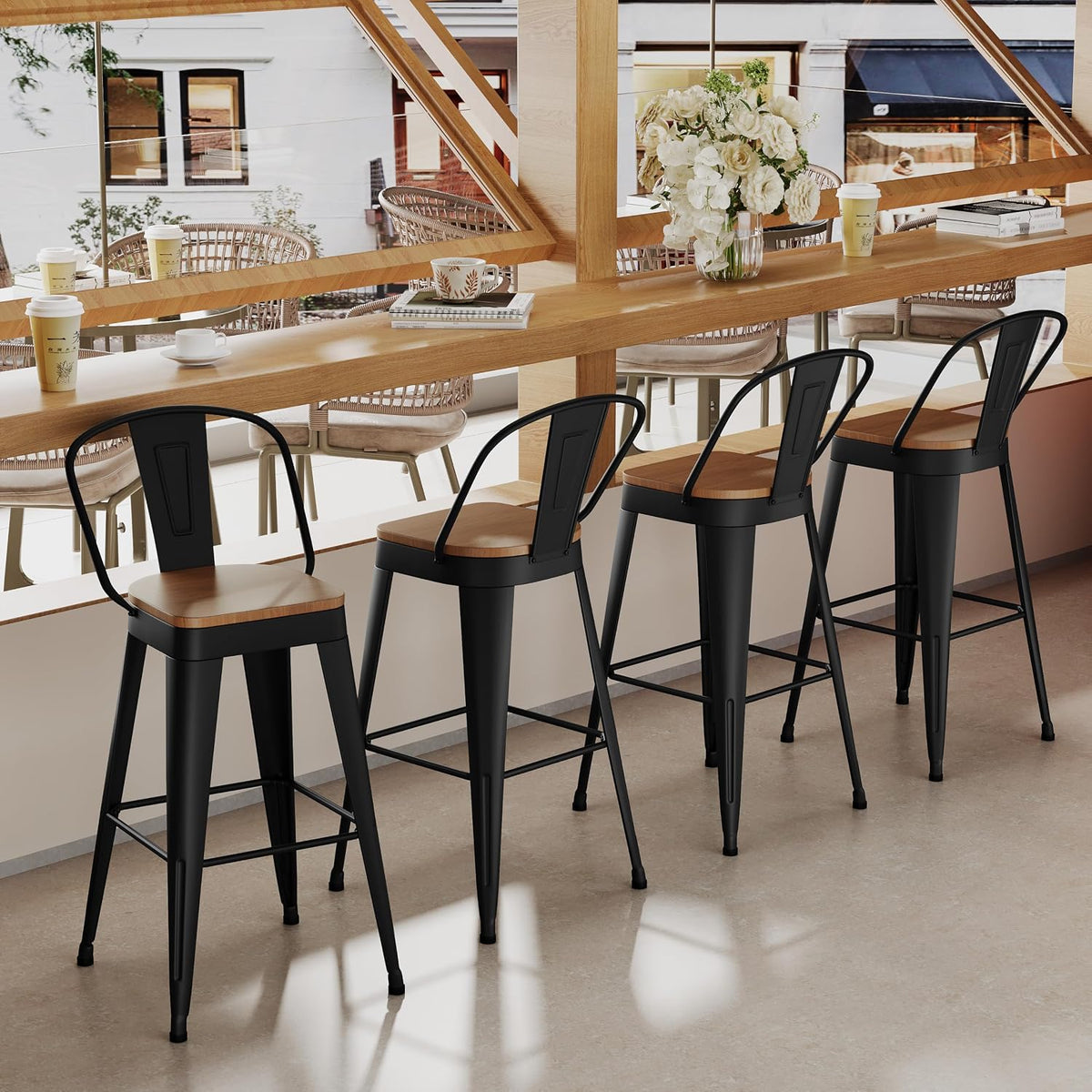 Aklaus Metal Bar Stools Set of 4,30 inch Barstools Bar Height Bar Stool with Backs Farmhouse Bar Stools with Large Seat High Back Kitchen Dining Chairs Modern Bar Chairs Matte Black Stools