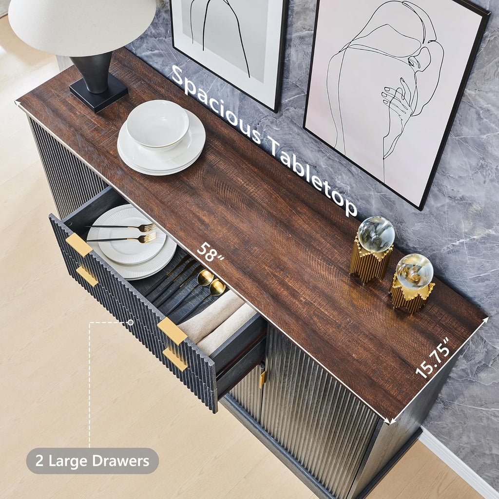 IFGET Fluted Buffet Cabinet with Storage, Sideboard Cabinet with Adjustable Shelves, Wood Rustic Coffee Bar with 2 Drawer and 4 Doors, Wine Bar for Kitchen, and Living Room, Dark Gery