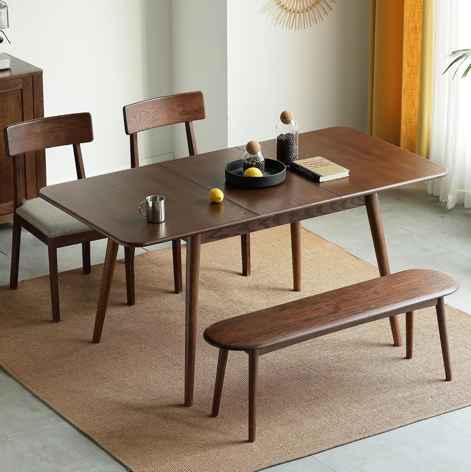 47.2''–59'' Extendable Solid Oak Dining Table, Farmhouse Kitchen Table for 6–8 People, Rounded Corners, Smooth Metal Slide Extension, Mid Century Kitchen & Dining (62.99" Walnut)
