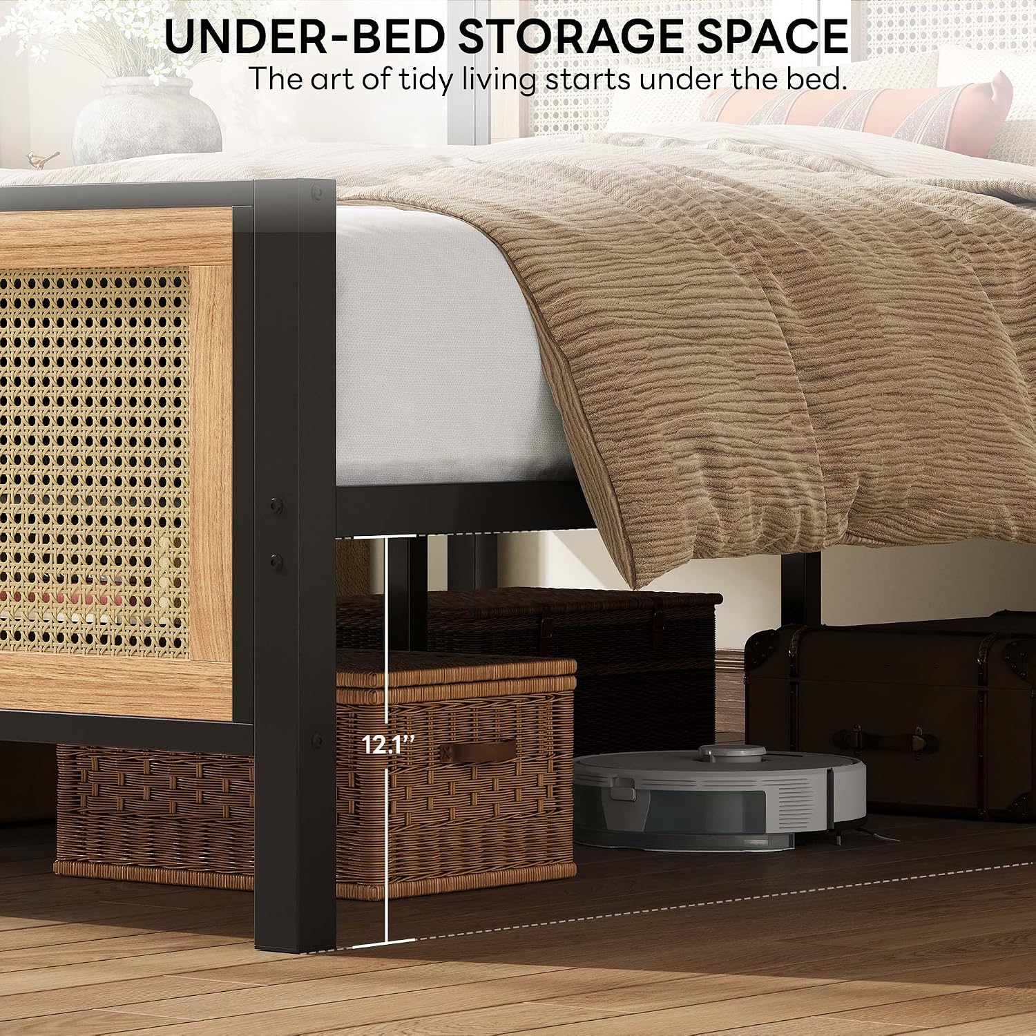 LIKIMIO Queen Bed Frame, Platform Bed Frame with Rattan Headboard