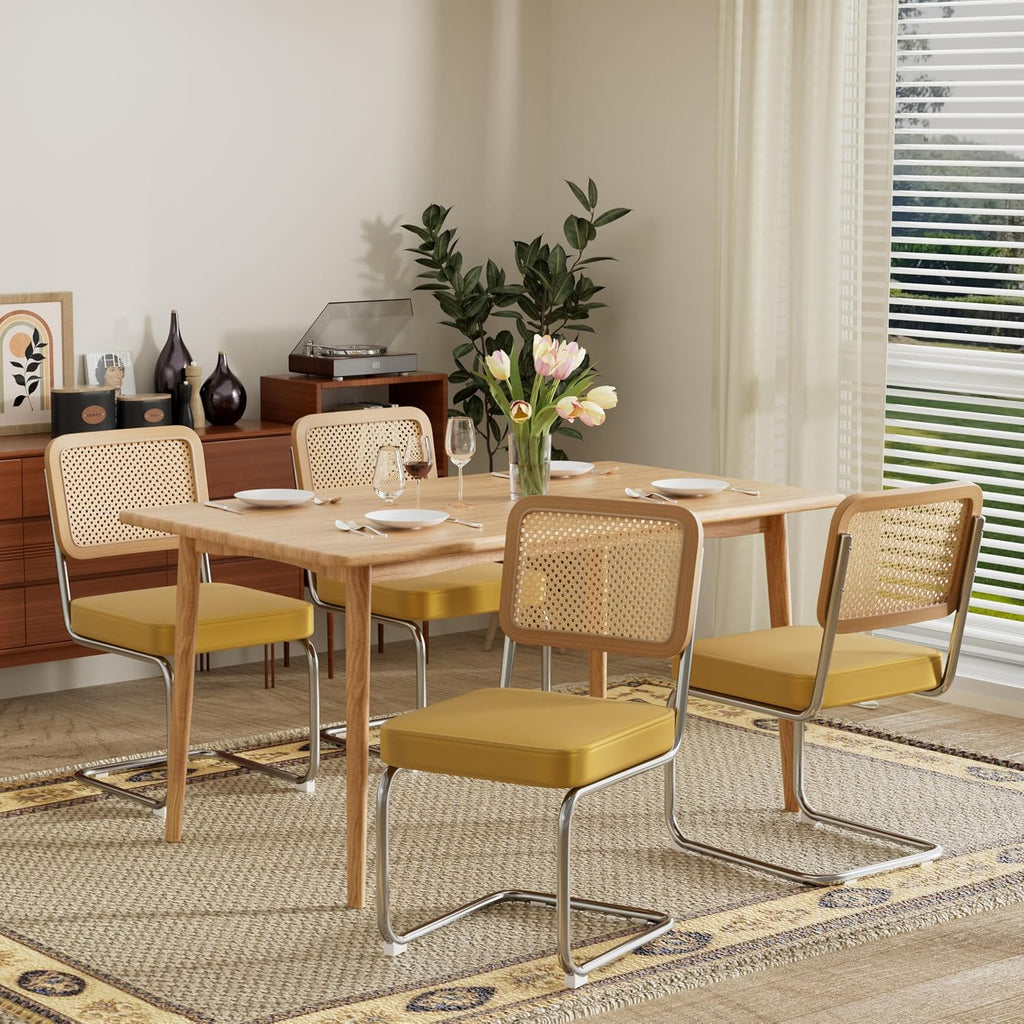 Rattan Dining Chairs Set of 4, Mid Century Kitchen Chairs with Natural Mesh Rattan Backrest & Metal Chrome Legs, Cesca Design Velvet Dining Room Chairs for Kitchen, Gold Yellow(Chair Only)