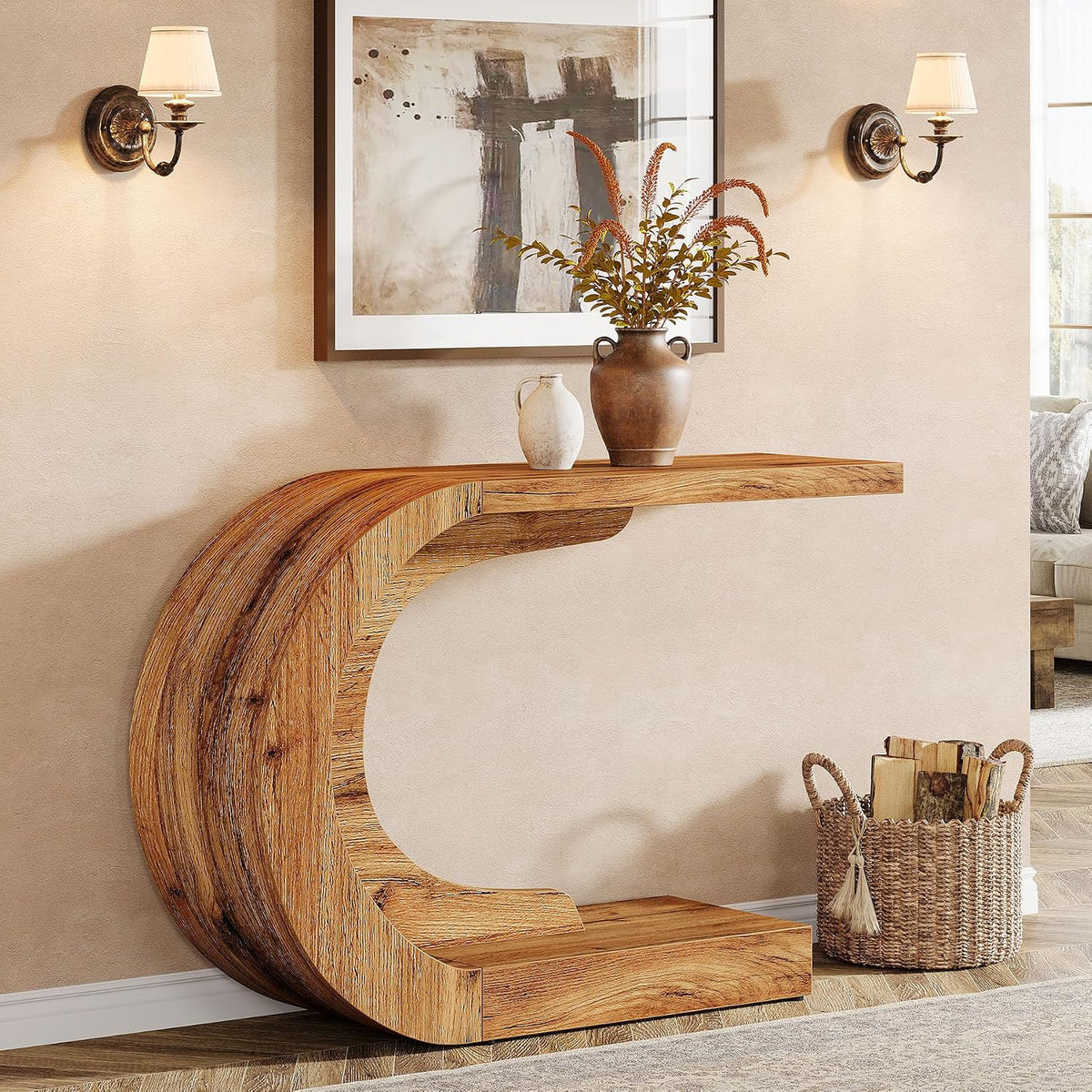 Tribesigns 43.3" Farmhouse Console Table for Entryway, Unique C-Shaped Rustic Sofa Table Behind Couch with Storage for Living Room, Hallway, Entry, Entrance, Foyer, Easy Assembly, Natural Brown