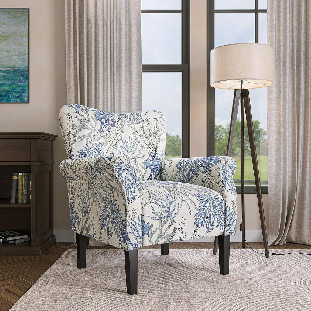 BELLEZE Modern Accent Chair for Living Room, High Back Linen Armchair with Wooden Legs, Upholstered Wingback Side Chair Padded Armrest Single Sofa for Living Room, Bedroom - Allston (Blue Coral)
