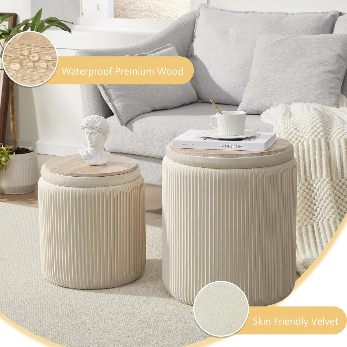 Royal Windsor Round Ottoman with Storage Set of 2,Vanity Stool with Storage for Bedroom, Ottoman Coffee Table,Small Velvet Foot Stool for Living Room, Beige