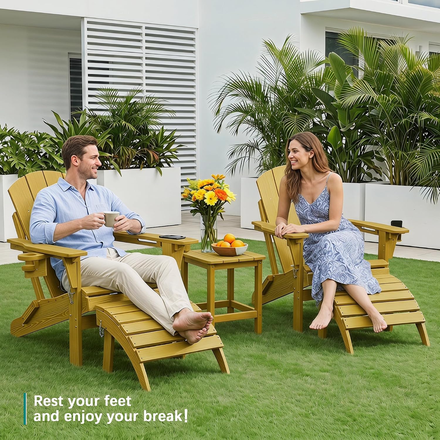 PLUUV Folding Adirondack Ottoman Footrest, All-Weather HDPE Outdoor Footstool for Adirondack Chair, Foldable Ottoman for Patio Backyard Pool Deck, Yellow