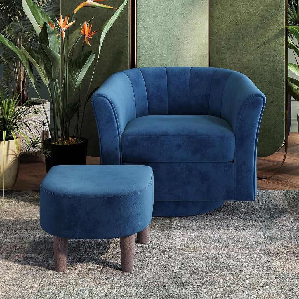 LINSY Large Swivel Accent Chair with Ottoman, Velvet Barrel Chair with Footrest, Modern Upholstered Comfy Reading Chair Armchair for Living Room, Bedroom, Study Room, Office, Blue