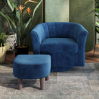 LINSY Large Swivel Accent Chair with Ottoman, Velvet Barrel Chair with Footrest, Modern Upholstered Comfy Reading Chair Armchair for Living Room, Bedroom, Study Room, Office, Blue