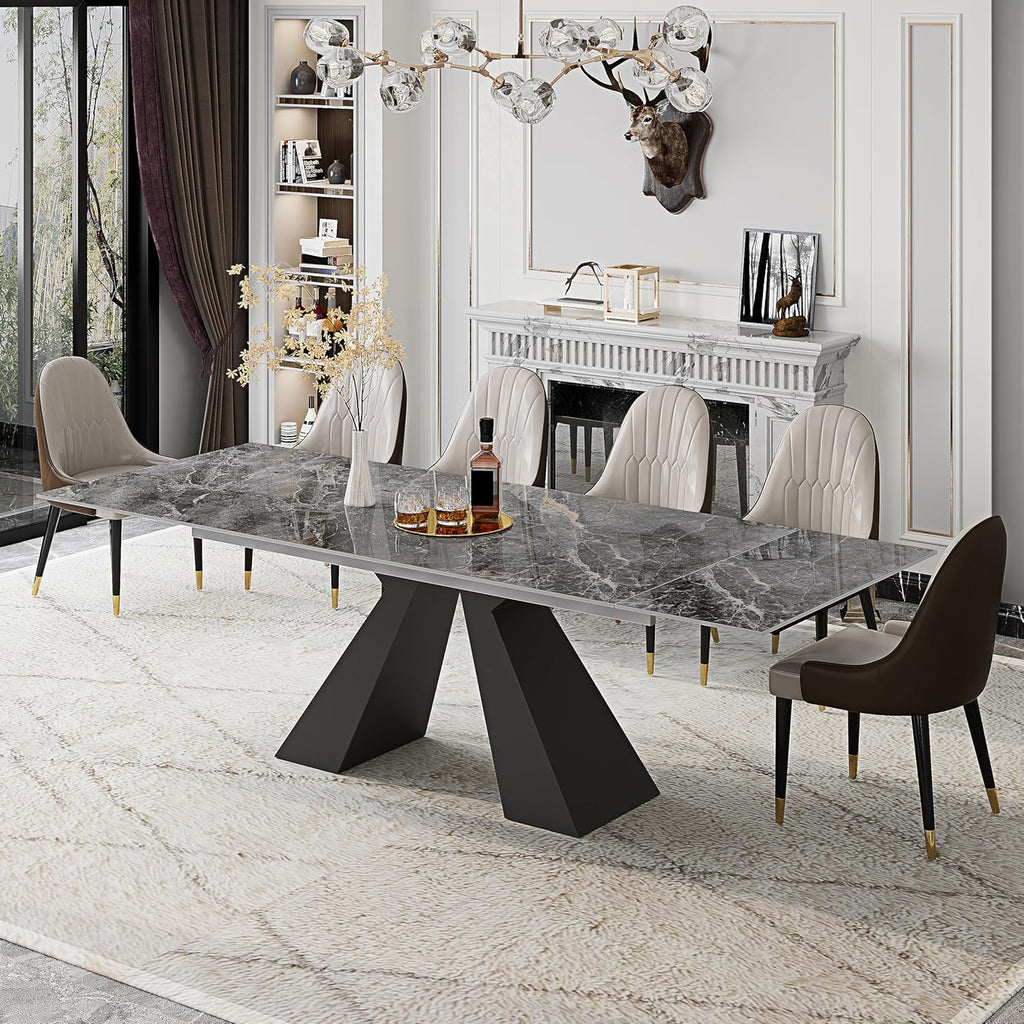 Telescoping Faux Marble Table 63-94.49" Adjustable Length 8-10 People Heavy Duty Carbon Steel Base for Kitchen Dining Room Family Party (62.99''-94.48'' Bonnes)