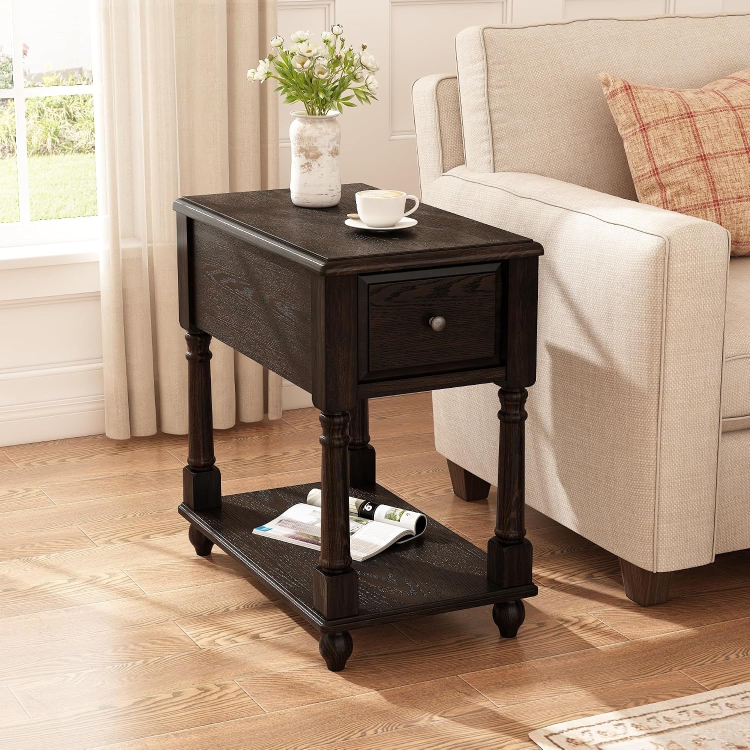 Set of 2 Narrow Open End Table with Drawer, Solid Wood Side Table 2-Tier Skinny Table with Storage Shelves Slim Nightstand Small Sofa End Table for Living Room Bedroom-Antique Black 004BK