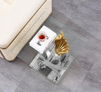 SSLine 1 Piece Living Room End Table Luxury Glass Side Table, Modern Silver End Table with Ring-Shape Stainless Steel Pedestal Base for Living Room Bedroom Office(1 End Table)