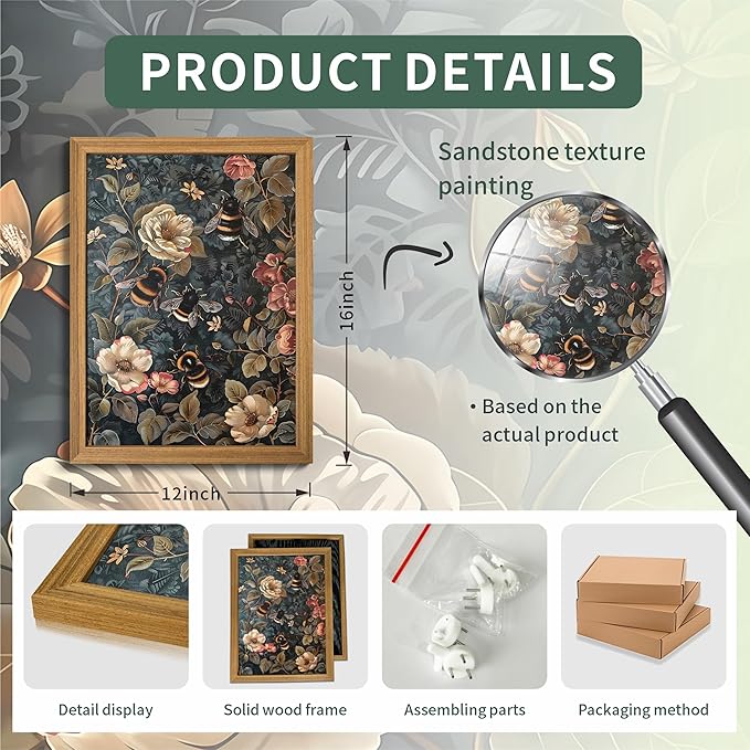 AKWISH Framed 3D Textured Vintage Wall Art - Dark Academia Bumble Bee Hand Drawn Sandstone Paintings with Botanical Florals, Aesthetic Wall Decor for Living Room Bedroom Home 12x16 inch