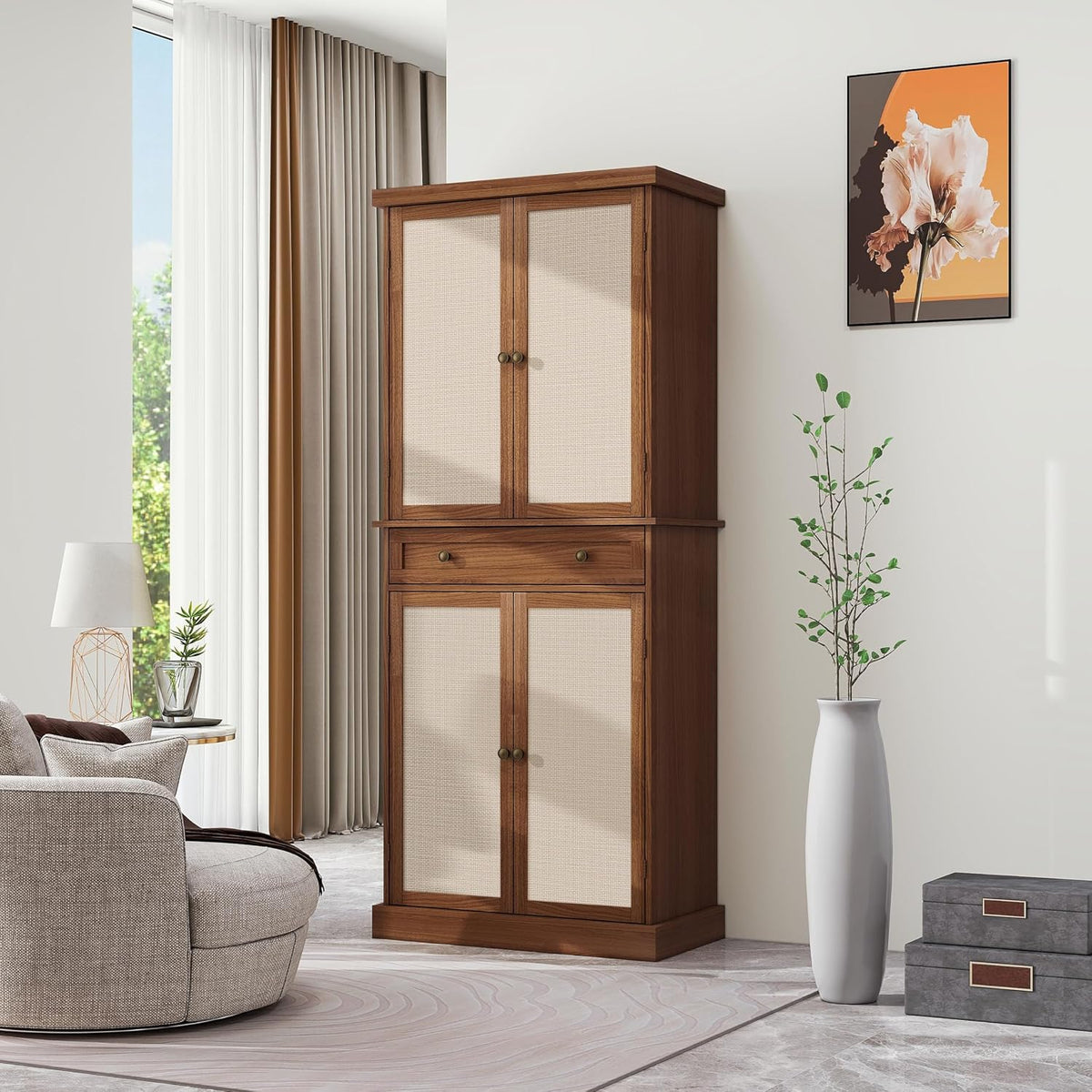72" Kitchen Pantry Cabinet with Rattan Doors, Tall Pantry Storage Cabinet with 4 Adjustable Shelves & Large Central Drawer, Boho Cupboard for Kitchen, Dining Room, Living Room, Walnut