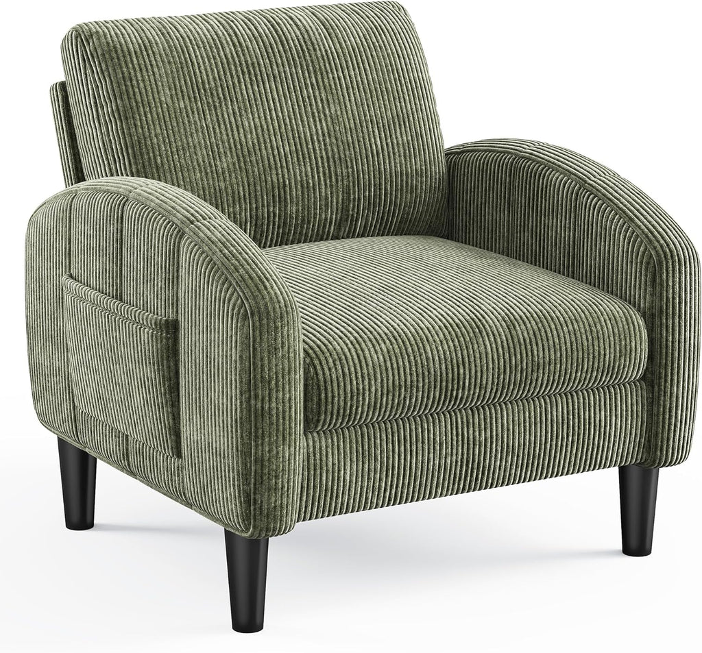 Homkdom Accent Chair with Side Pockets & Ergonomic Backrest,Green | Corduroy fabric, 6.3" thick cushion with pocket coil springs. Solid wood frame, 300 lbs capacity. Fits any small space.