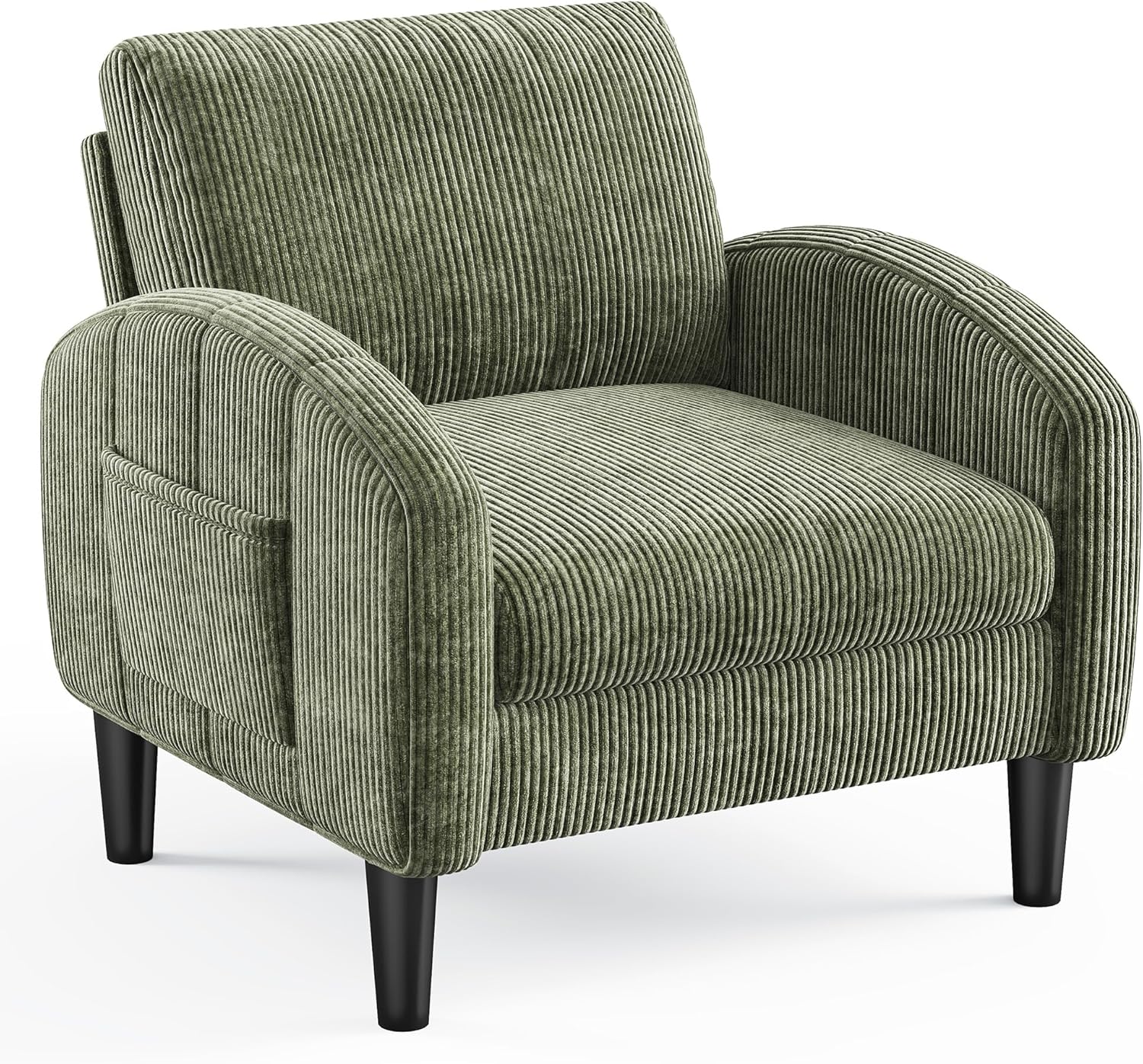 Homkdom Accent Chair with Side Pockets & Ergonomic Backrest,Green | Corduroy fabric, 6.3" thick cushion with pocket coil springs. Solid wood frame, 300 lbs capacity. Fits any small space.