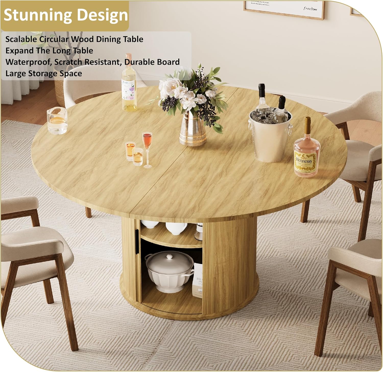 Dining Table for 4-6,59“Extendable Round Dining Room Kitchen Table with Storage,Round Table for Living Room,Fluted Wood Table with Slide Door,Expandable Oval Dinner Furniture with Pedestal Base,Oak