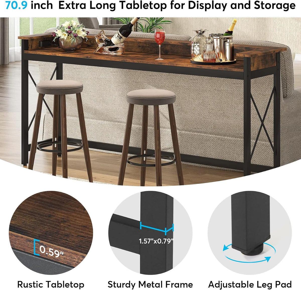 LITTLE TREE 70.9 inch Long Sofa Console Table with Outlets Charging Station Narrow Entryway Hallway Accent Furniture