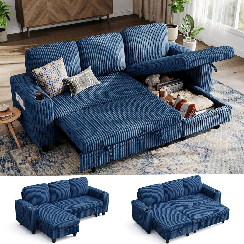 LINSY HOME Sectional Couches for Living Room, 81" L Shape 3 Seats, Blue | Sleeper sofa with pull out couch bed, corduroy couch with storage