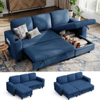 LINSY HOME Sectional Couches for Living Room, 81" L Shape 3 Seats, Blue | Sleeper sofa with pull out couch bed, corduroy couch with storage