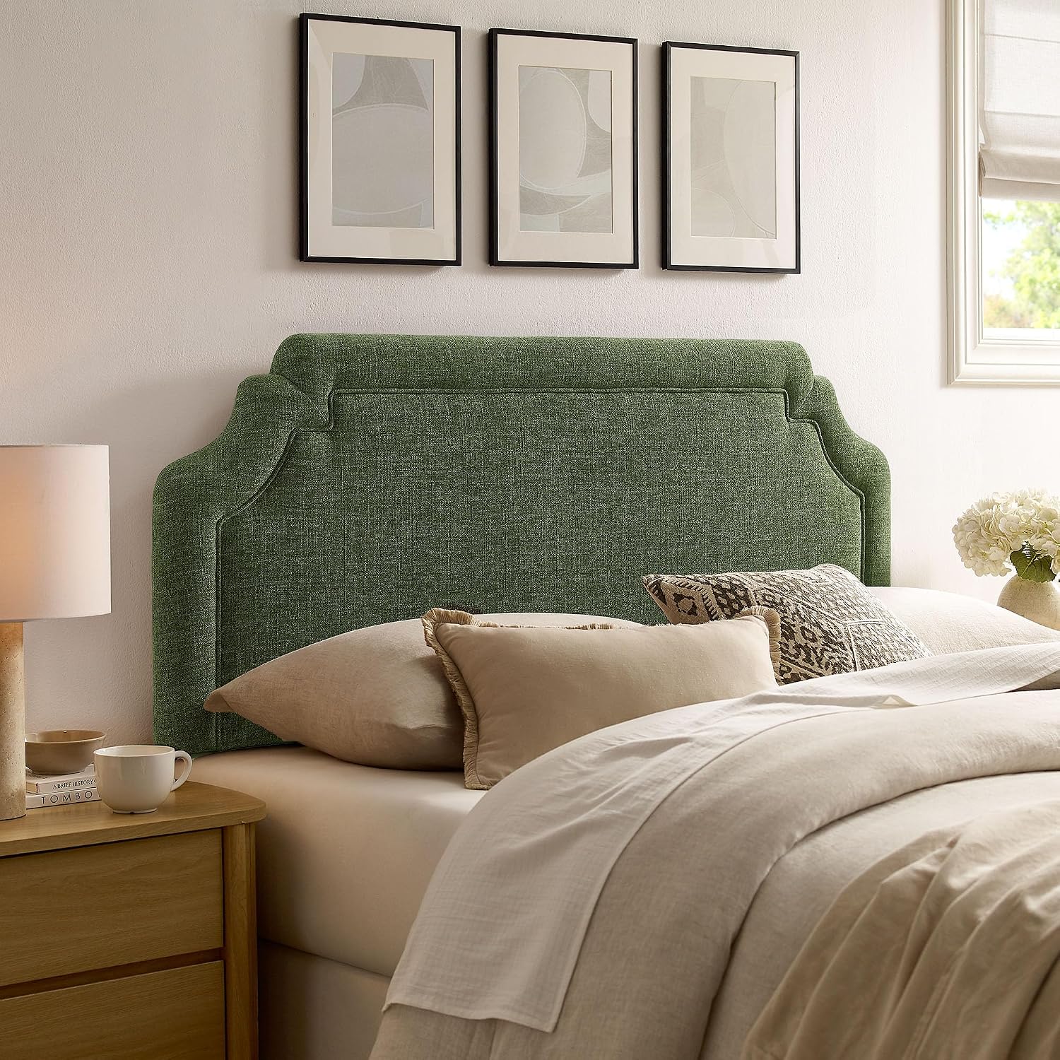 Modway Magnolia King Size Upholstered Fabric Headboard in Foliage - Padded Cushioned Headboard with Woven Heathered Upholstery and Adjustable Mounting Positions