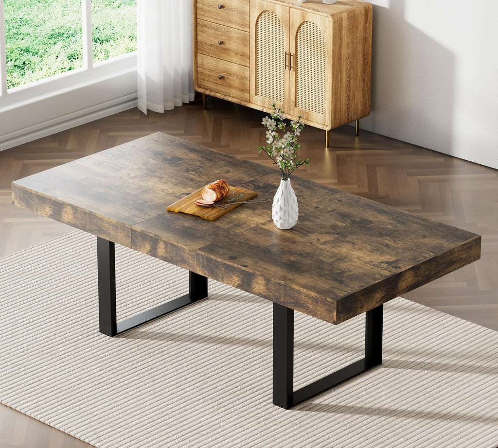 63"-78.7" Extendable Dining Table Set of 6, Rustic Brown Kitchen Dining Table & 6 Upholstered Velvet Chairs with Wood Leg, Modern 7 Piece Wood Expandable Kitchen Table Set