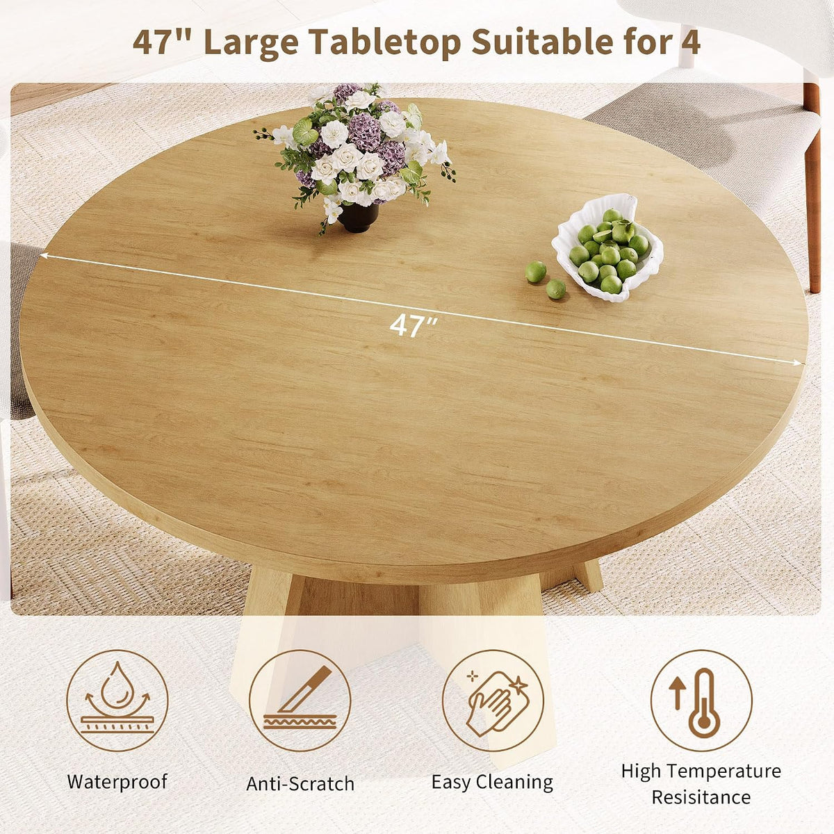 iPormis 47-Inch Round Dining Table for 4-6 People, Modern Wooden Kitchen Table for Dining Room, Farmhouse Circle Dinner Tables Furniture for Kitchen Living Room, Natural