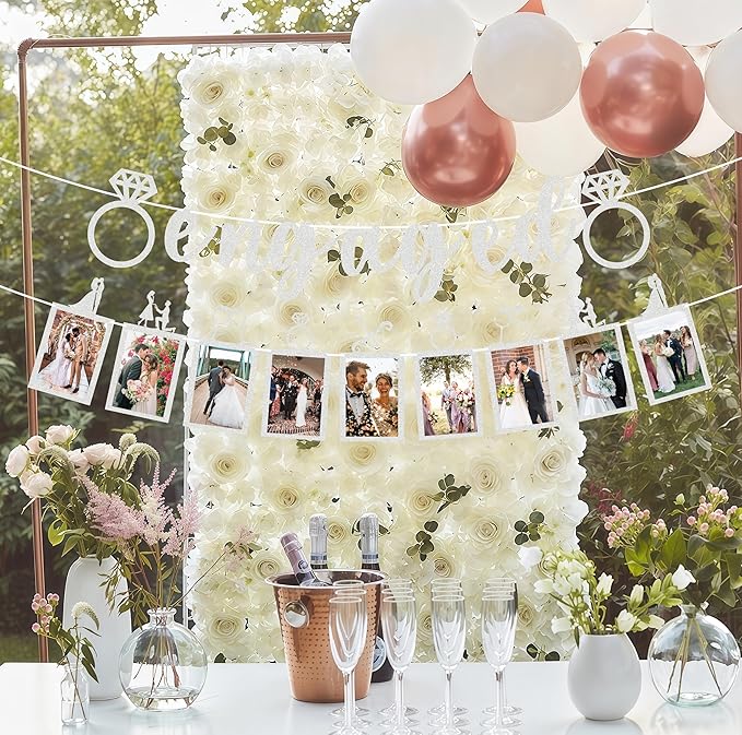 Pre-Strung Engaged Photo Banner - Silver Glitter Engagement Party Decoration Supplies with Romantic Memories Picture Card Frames for Bachelorette, Bridal Shower, Wedding Party Photo Booth Props
