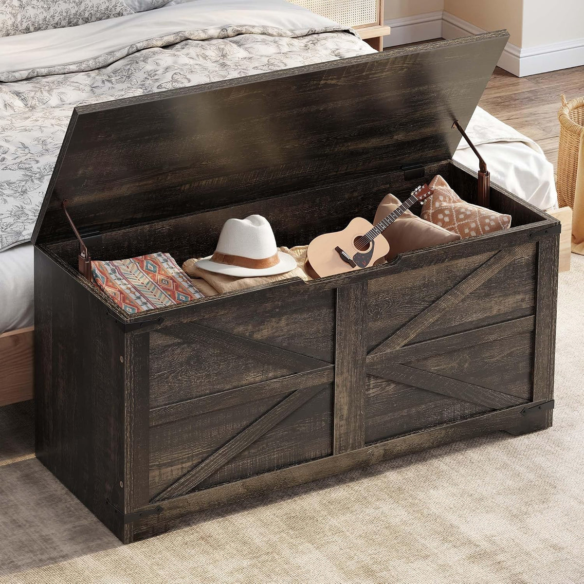 DWVO Wooden Storage Bench, Farmhouse Storage Chest with Safety Hinges, Entryway Shoe Organizer, Multi-Use Storage for Living Room/Bedroom, 39.4" L, Dark Rustic Oak