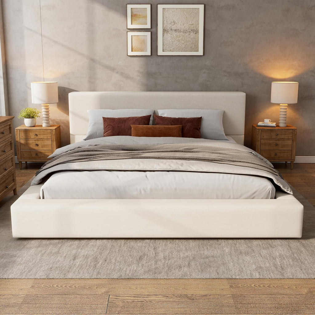 Merax King Size Bed Frame, 95" L x 88" W Upholstered Platform Bed with 8" Thick Linen Headboard & Footboard, Sturdy Wood Slat Support, No Box Spring Needed, Easy Assembly, Beige