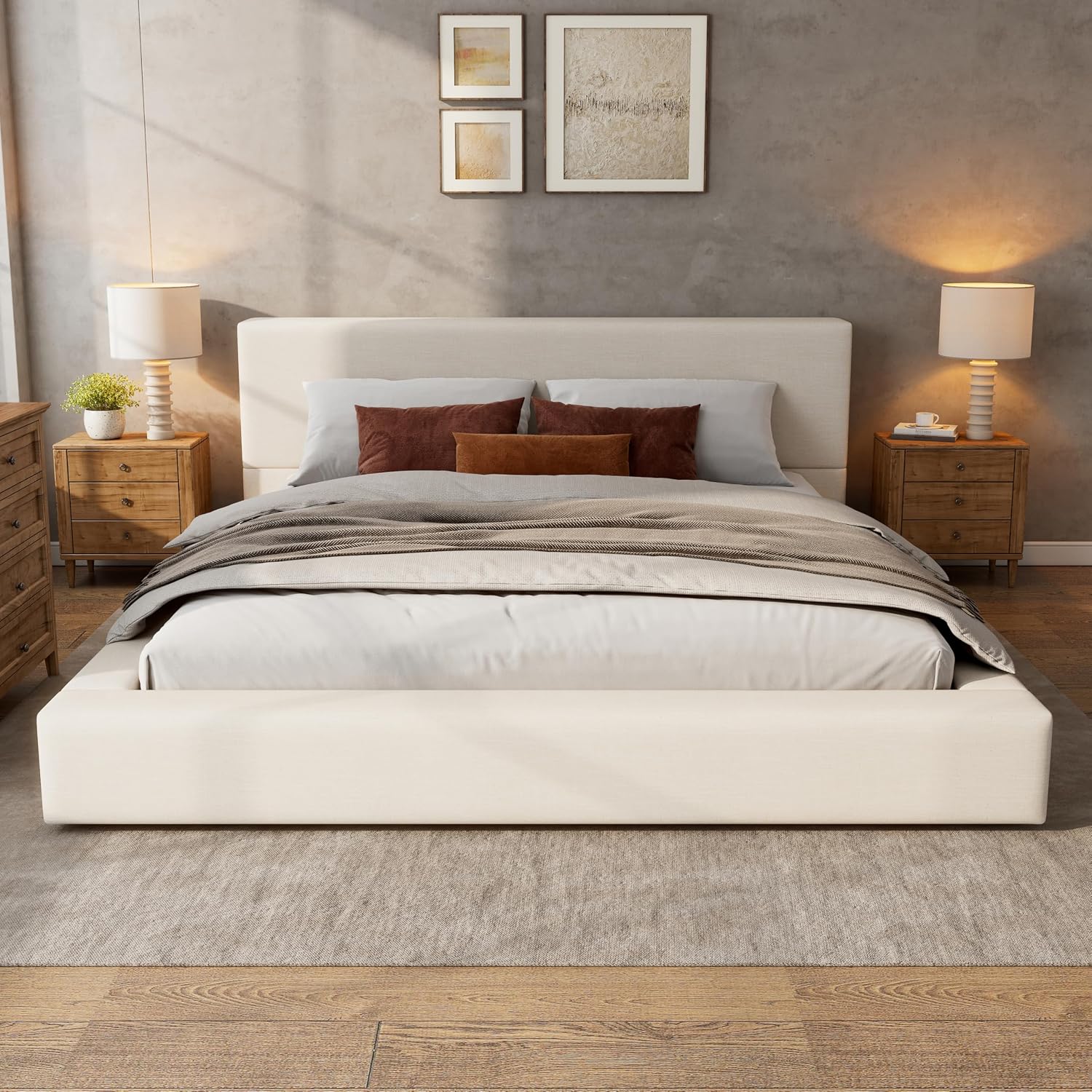 Merax King Size Bed Frame, 95" L x 88" W Upholstered Platform Bed with 8" Thick Linen Headboard & Footboard, Sturdy Wood Slat Support, No Box Spring Needed, Easy Assembly, Beige
